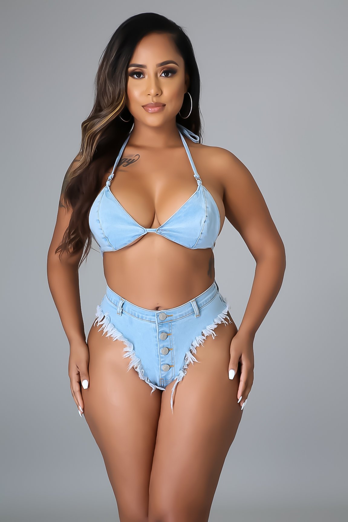 Bandage tassel sexy bikini denim suit