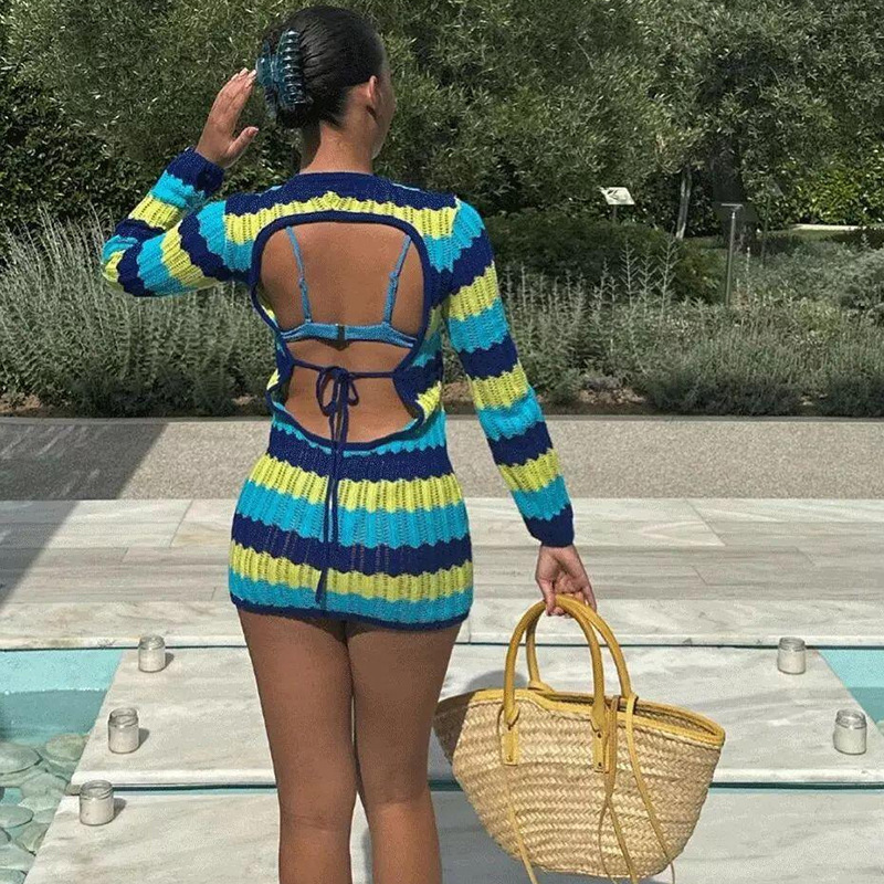 Sexy Backpack Hip Knit Contrast Color Beach Dress