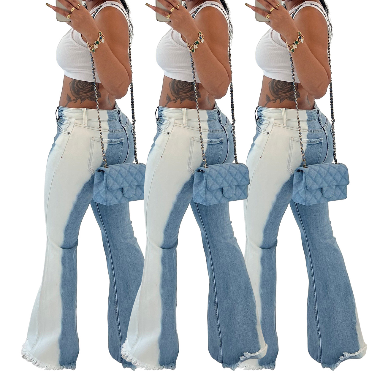 Stretch gradient color blocking micro flare buttocks sexy jeans