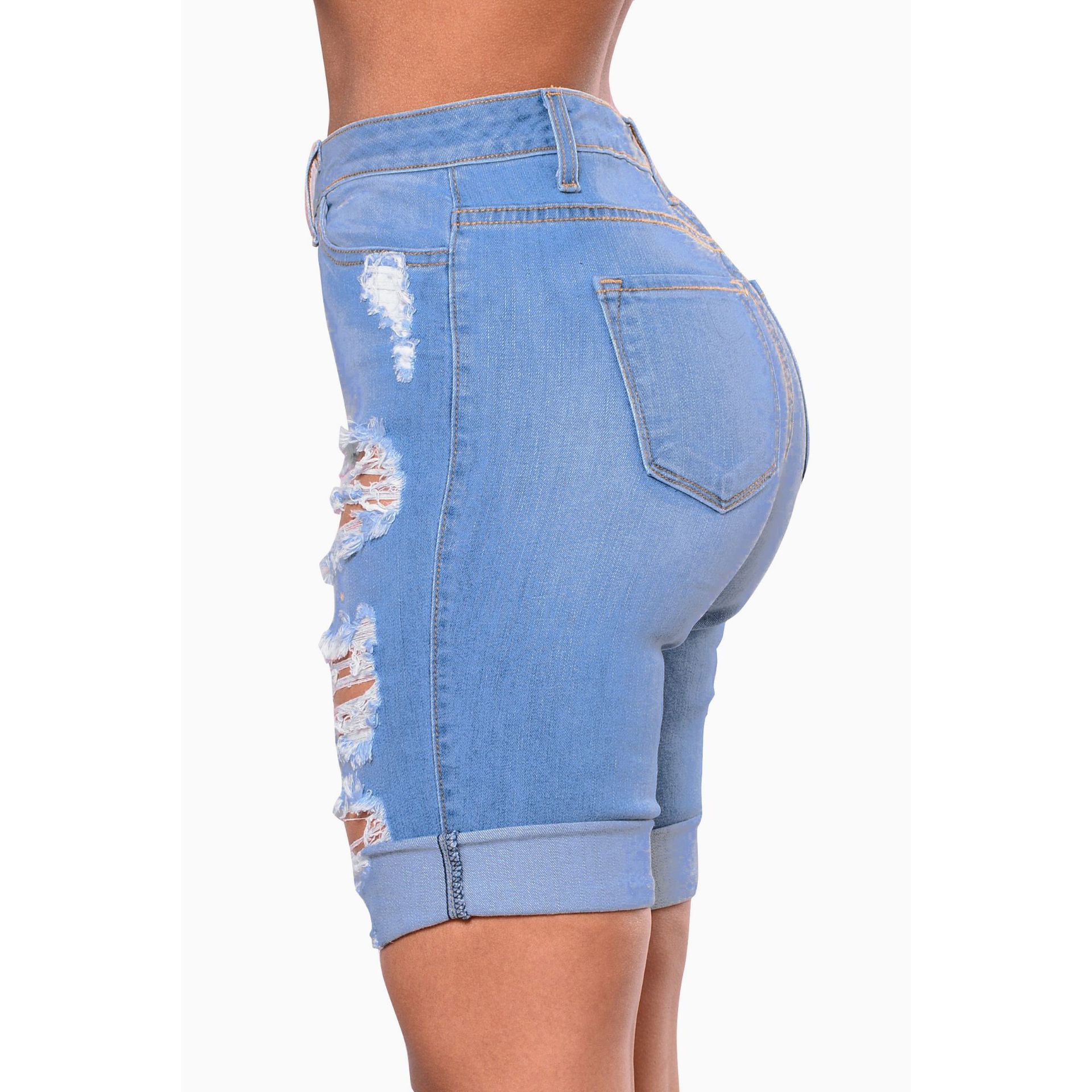 Fashionable water wash hole high waist jeans