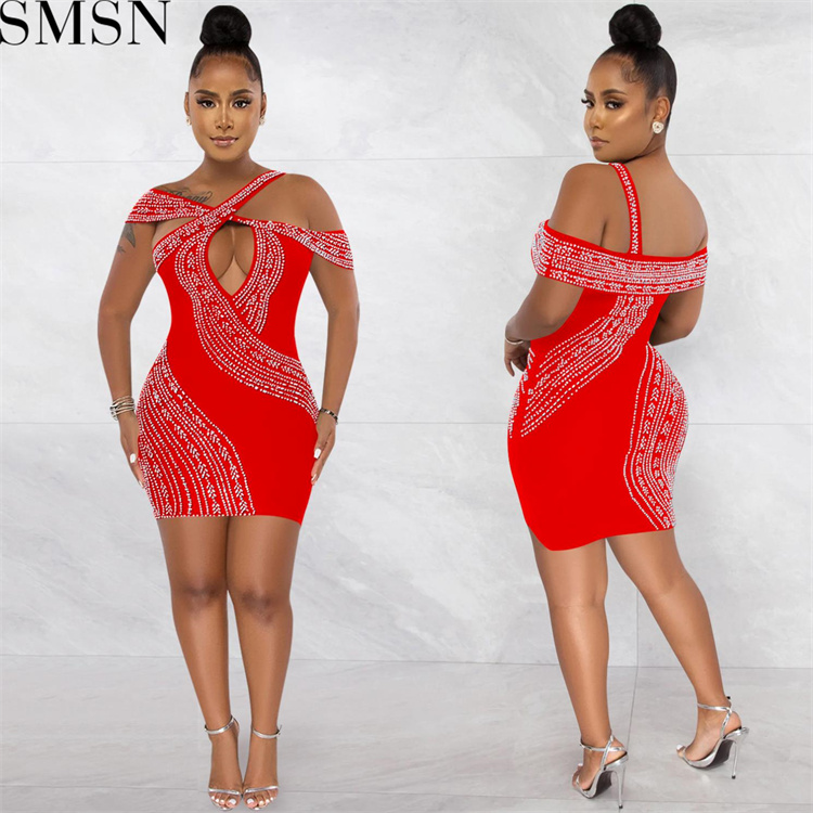 Prom Dresses 2022 fashion sexy nightclub hot rhinestone hollow midi dress