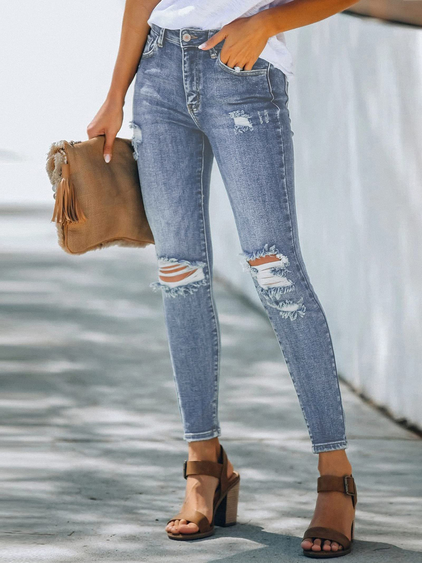 Hole washing slim elastic denim Leggings