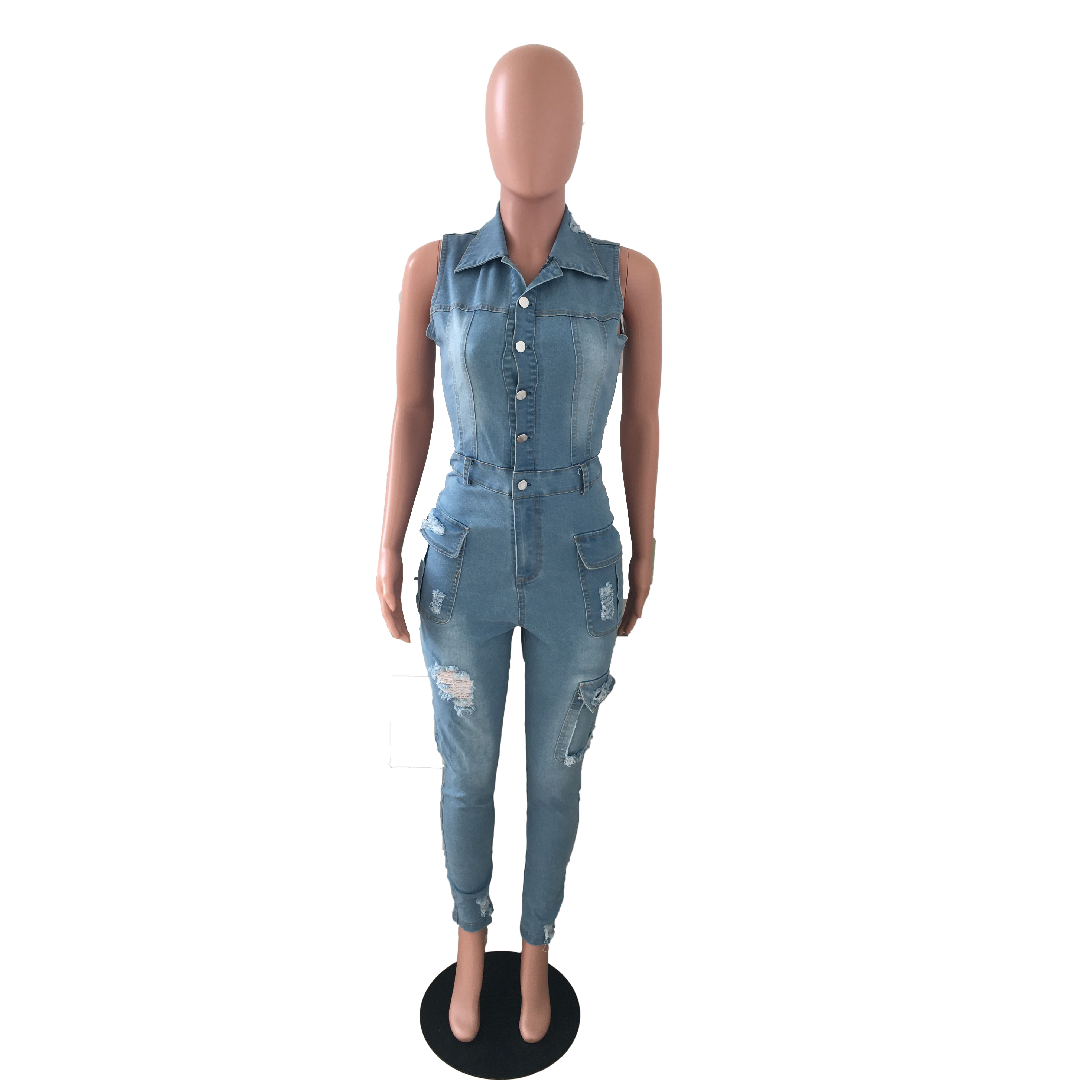 Casual slim hole denim Jumpsuit
