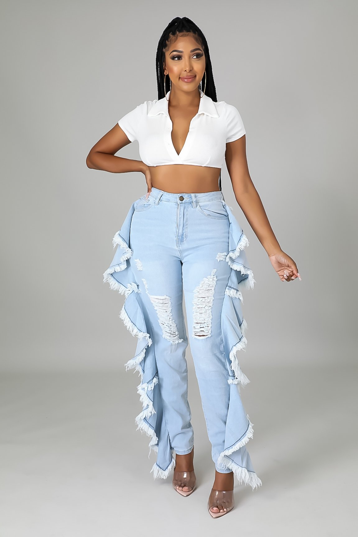 Tassels wash holes slim sexy jeans