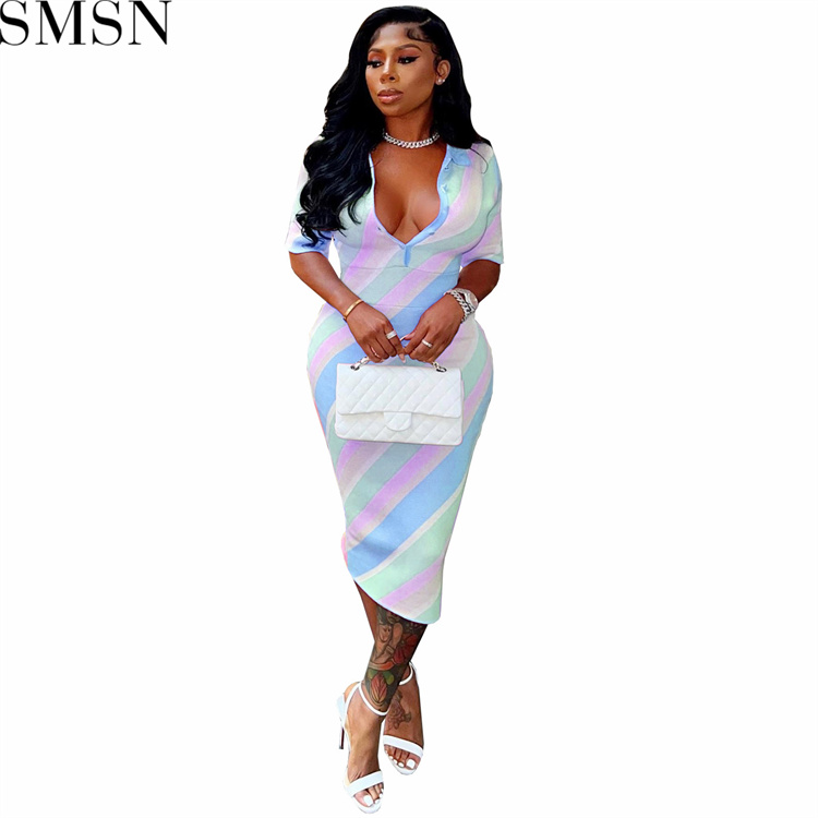 Casual Dress digital stripes contrast color positioning printing skinny V neck button sexy dress