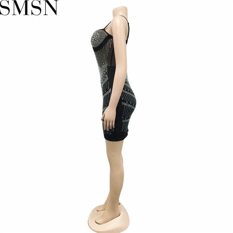 Casual Dress Amazon nightclubs hot rhinestone sexy see through wrapped chest midi dress