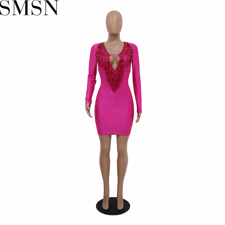 Plus size dress European and American women beaded halter fringe A line long sleeve dress