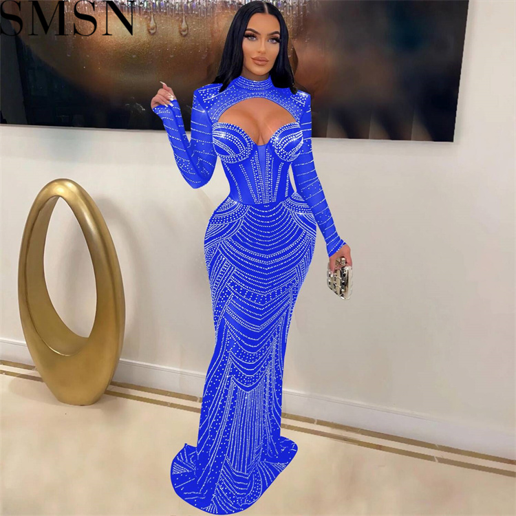 Plus Size Dress Europe and America cross border Women see through slim fit rhinestone dress