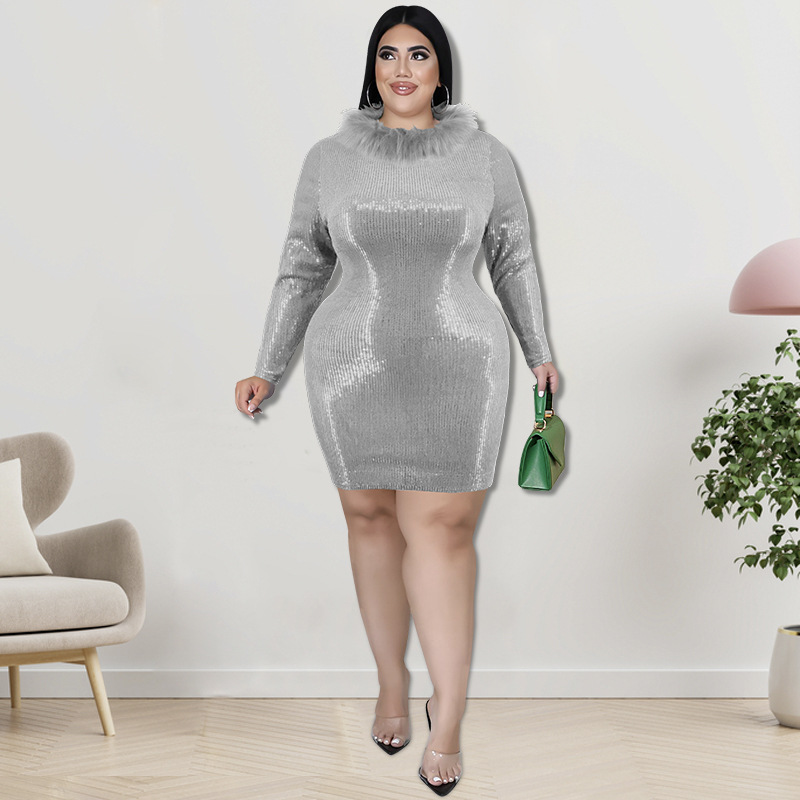Plus Size Dress large size fall fur collar Velvet Bottom embroidered sequined dress