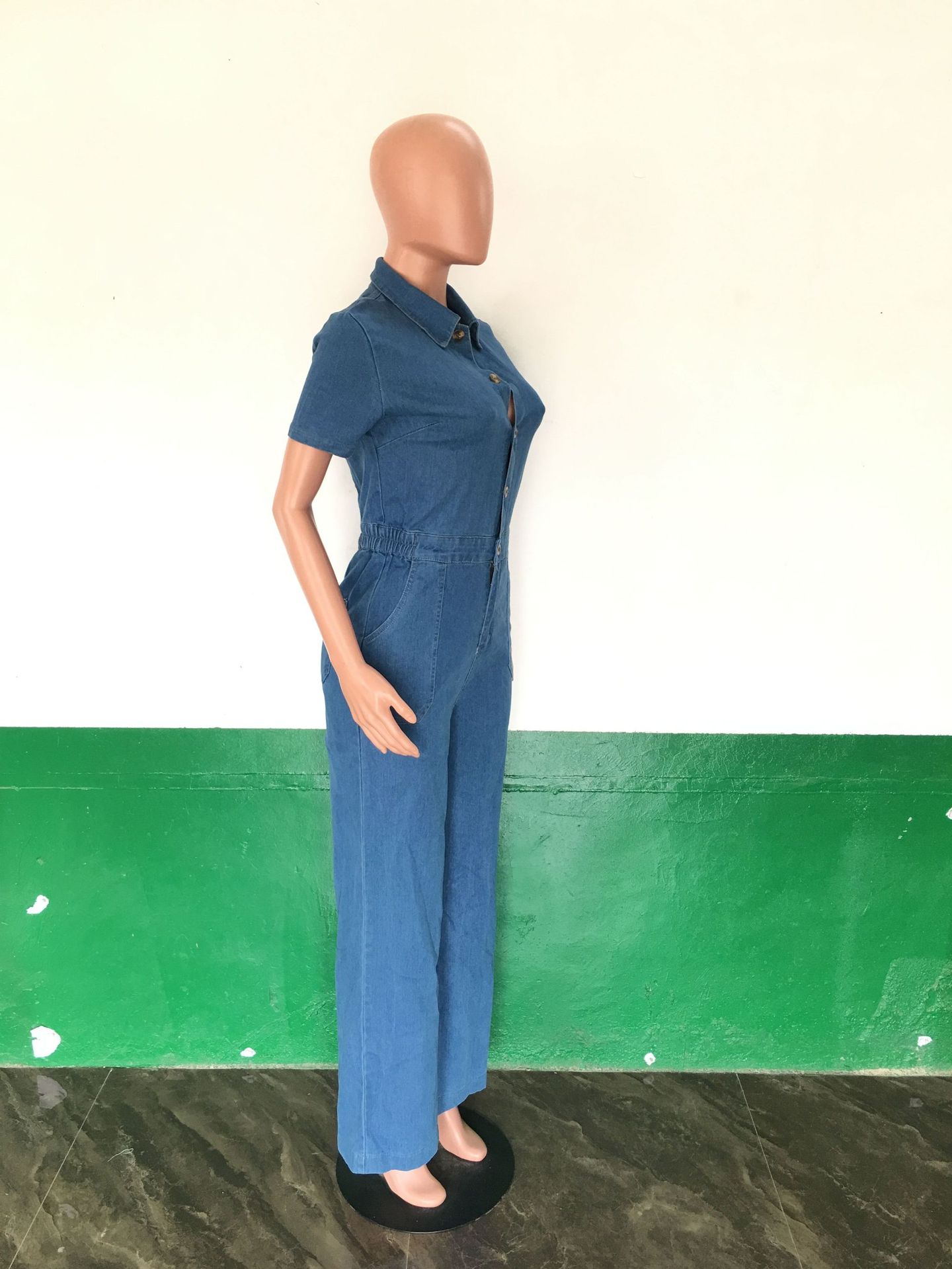 Sexy and fashionable denim jumpsuit short sleeved wide leg pants