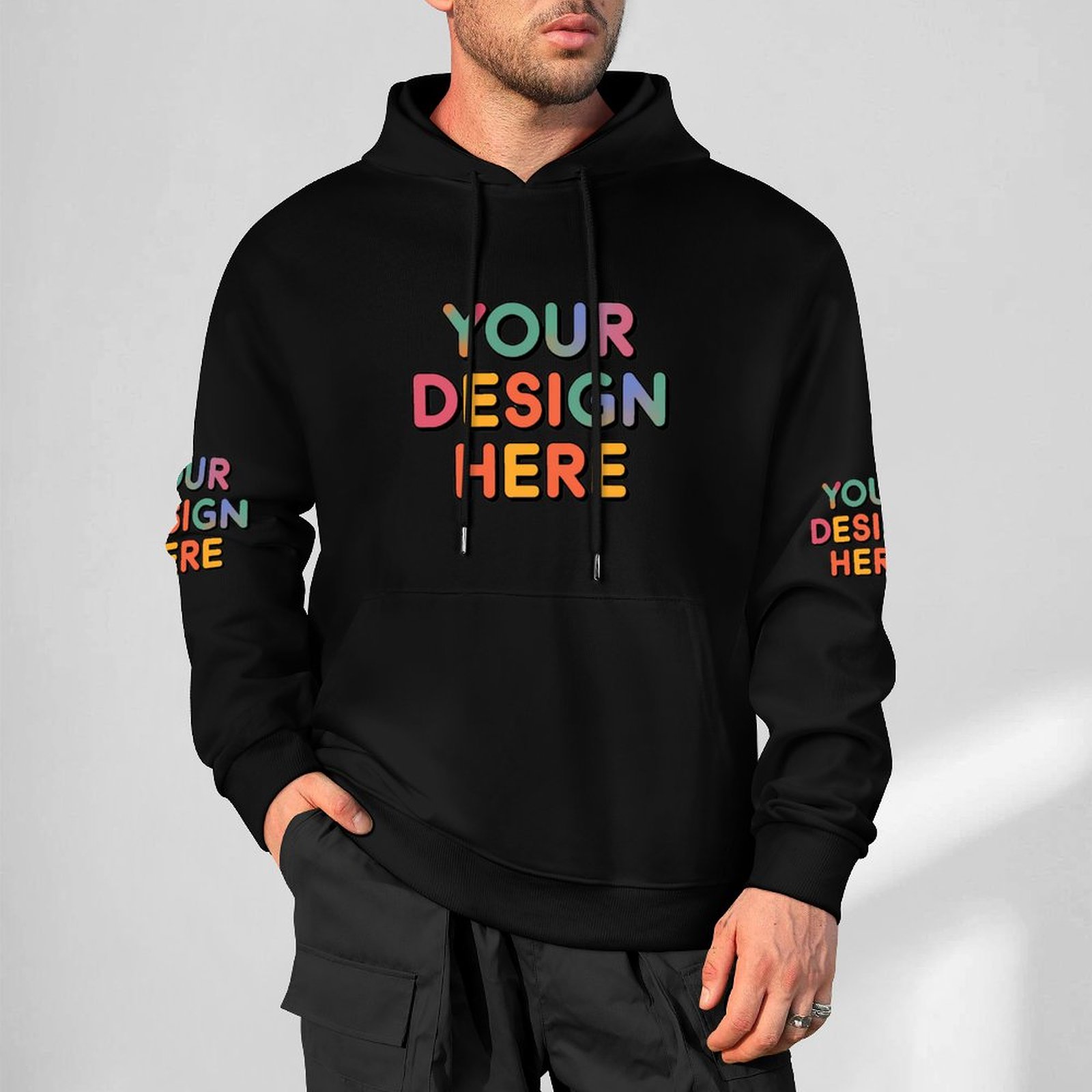 Customized Men’s Fashionable Hooded Sweater with Front, Back, and Sleeve Prints