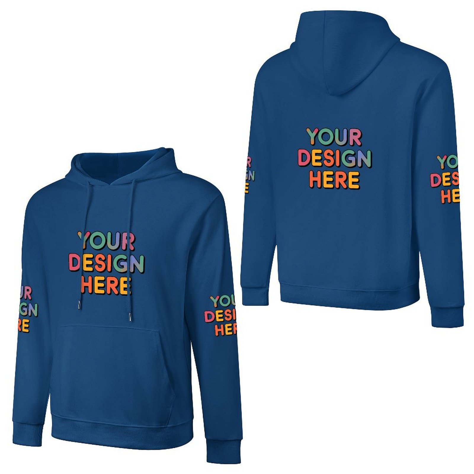 Customized Men’s Fashionable Hooded Sweater with Front, Back, and Sleeve Prints