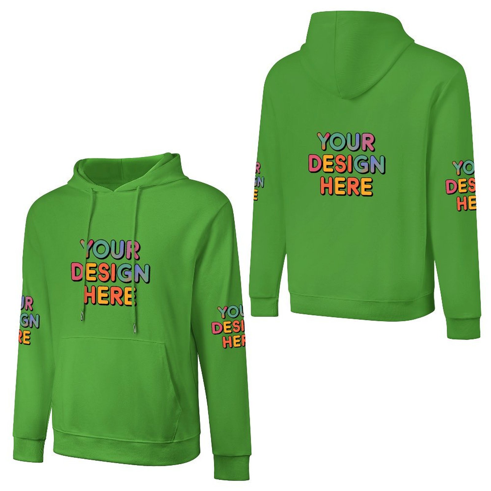 Customized Men’s Fashionable Hooded Sweater with Front, Back, and Sleeve Prints