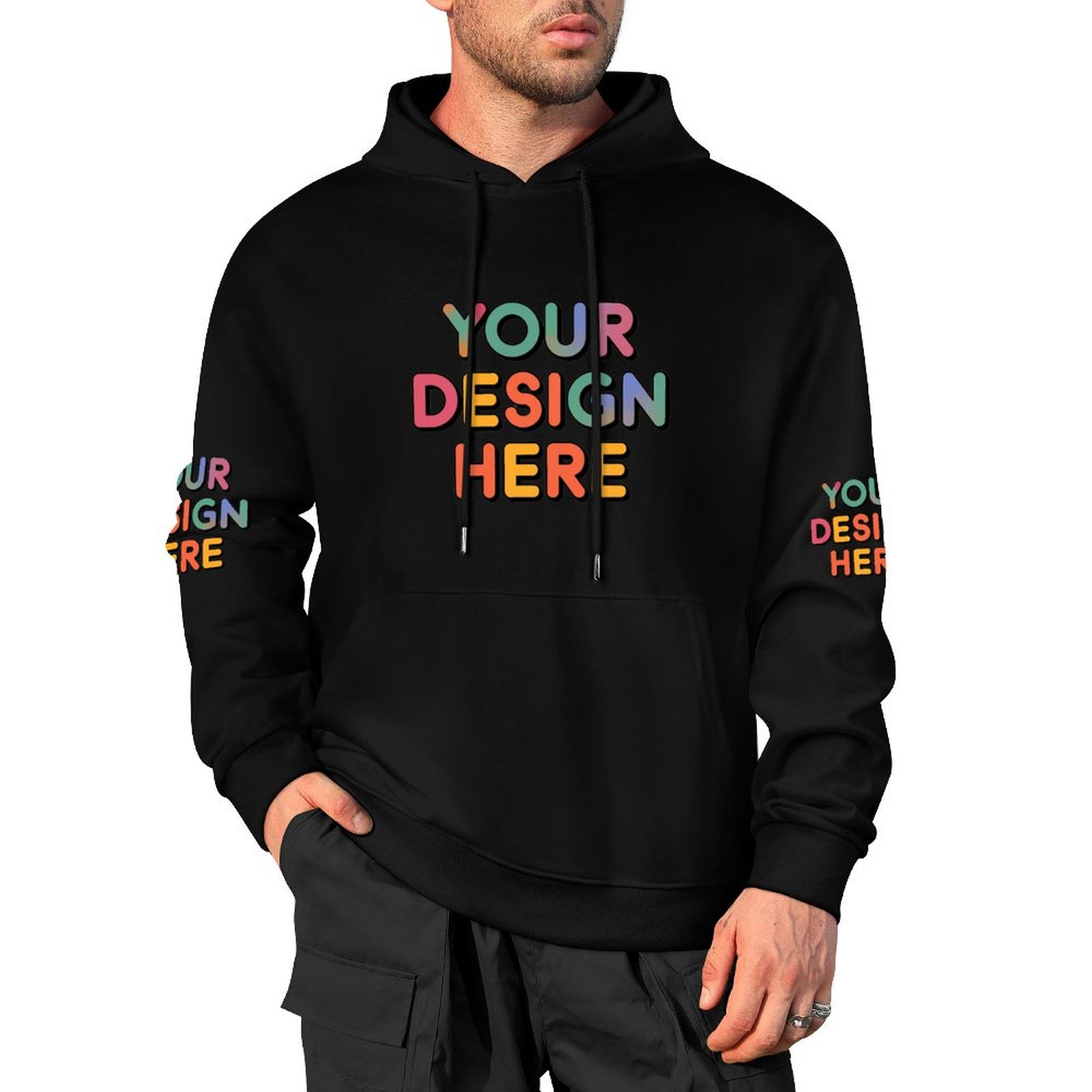 Customized Men’s Fashionable Hooded Sweater with Front, Back, and Sleeve Prints