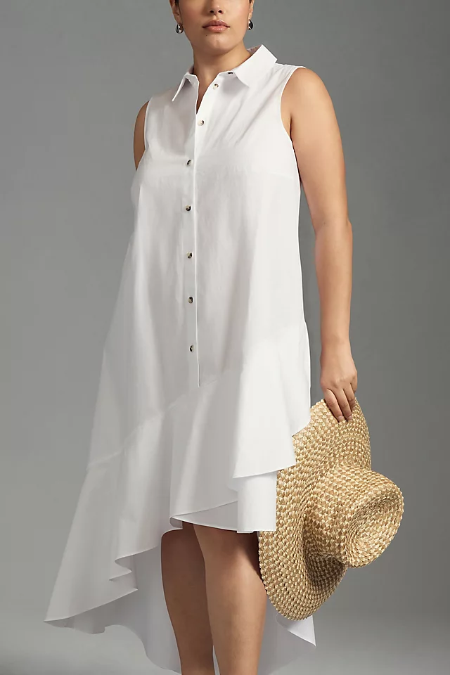 Sleeveless Buttondown Ruffle-Hem Dress WHITE