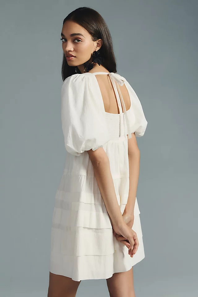 Square-Neck Puff-Sleeve Tiered Dress WHITE