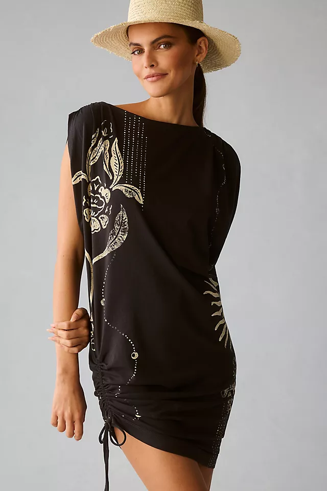 RuchedSleeveless Dress BLACK MOTIF