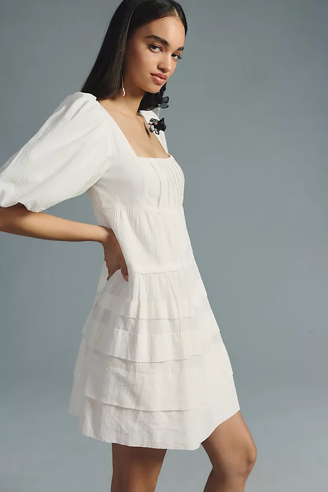 Square-Neck Puff-Sleeve Tiered Dress WHITE