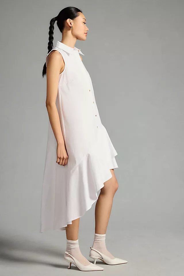 Sleeveless Buttondown Ruffle-Hem Dress WHITE