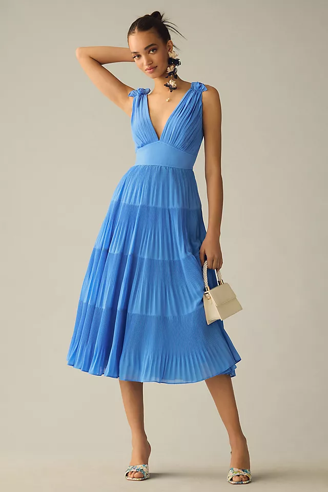 V-Neck Tiered Pleated Dress BLUE