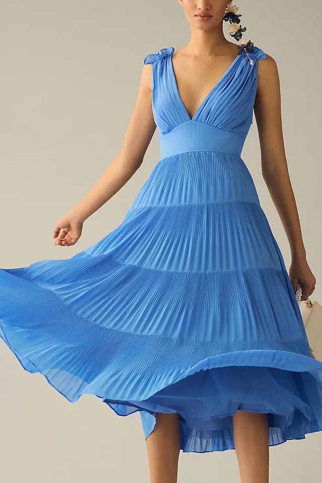 V-Neck Tiered Pleated Dress BLUE