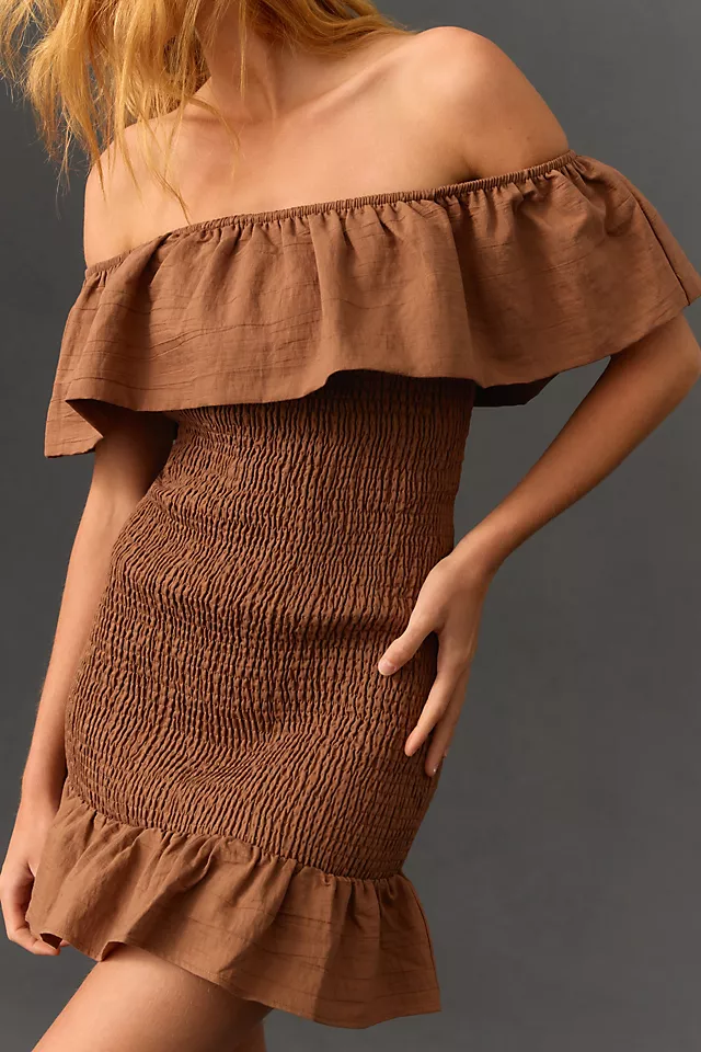 Off-The-Shoulder Smocked Mini Dress CHOCOLATE