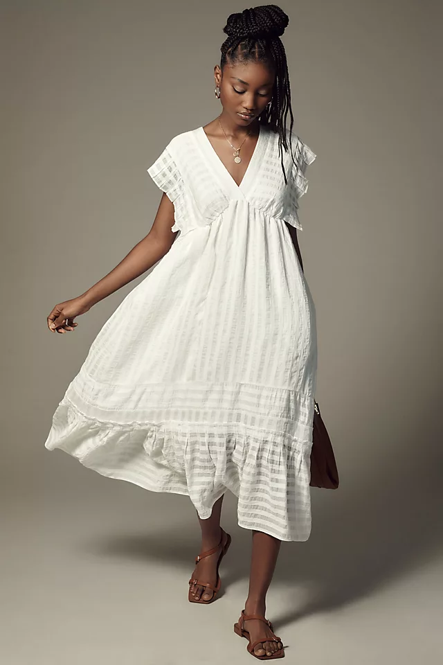 V-Neck Ruffled Tiered Babydoll Dress WHITE