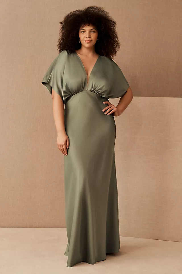Deep-V Flutter-Sleeve Satin A-Line Gown MOSS