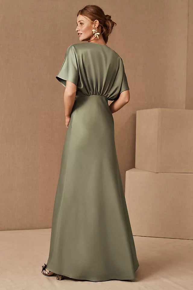 Deep-V Flutter-Sleeve Satin A-Line Gown MOSS