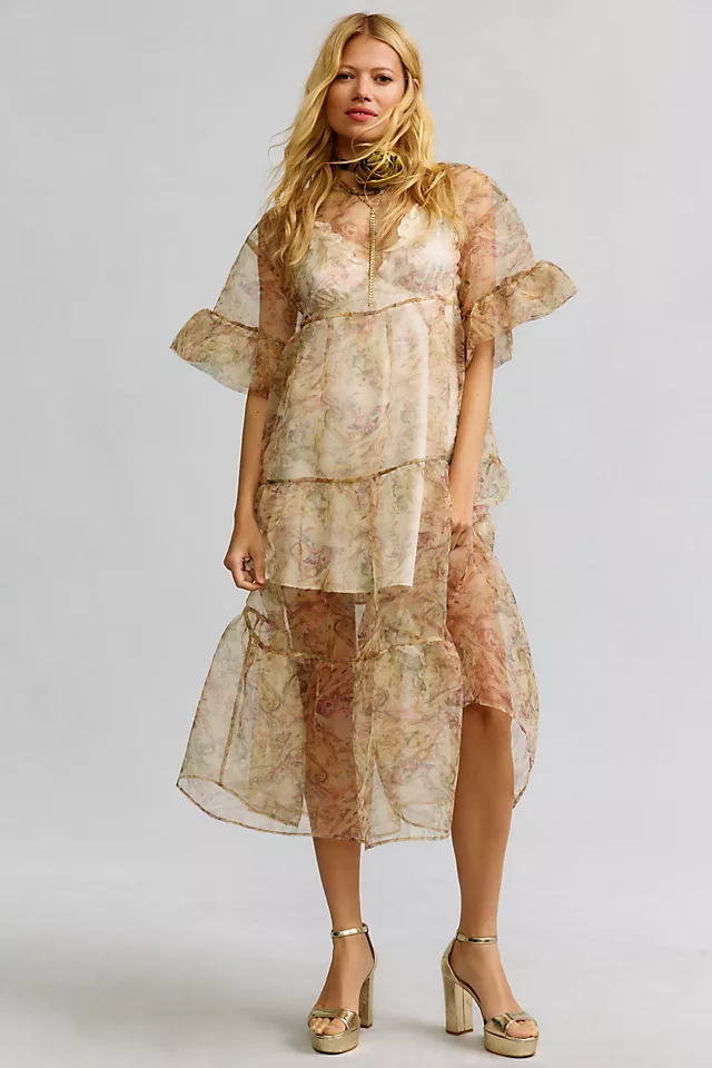 Tiered Sheer Printed Dress NEUTRAL MOTIF