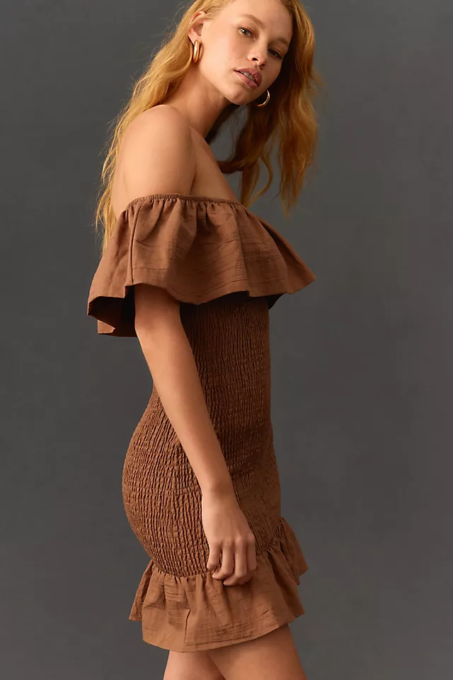 Off-The-Shoulder Smocked Mini Dress CHOCOLATE