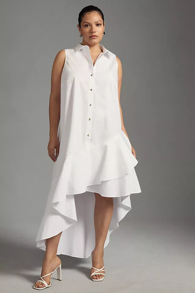 Sleeveless Buttondown Ruffle-Hem Dress WHITE