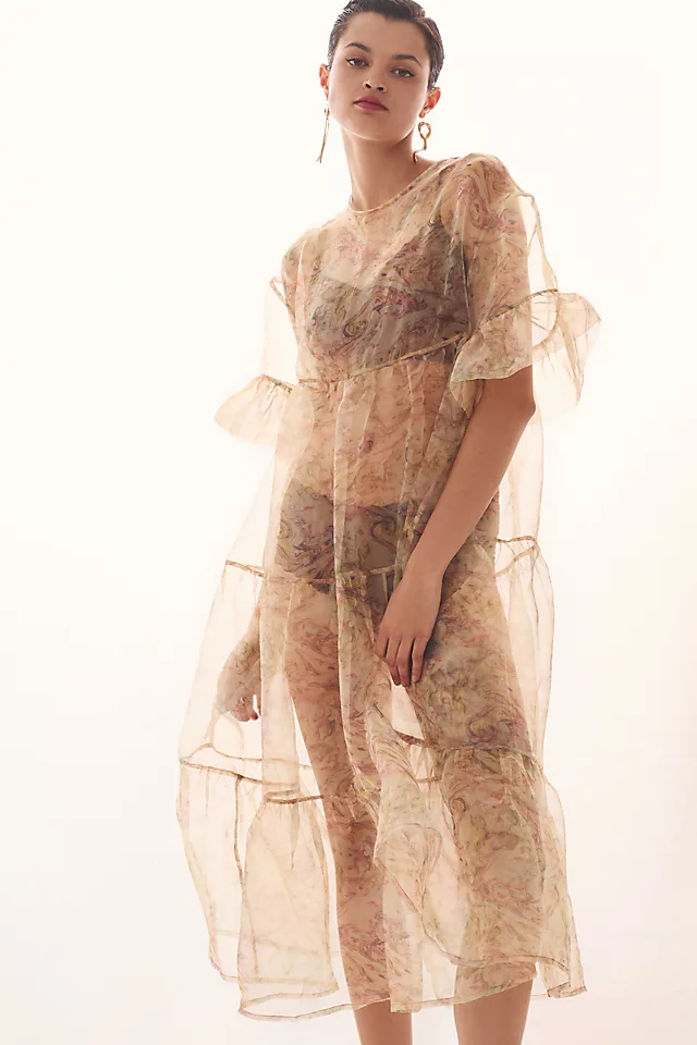 Tiered Sheer Printed Dress NEUTRAL MOTIF