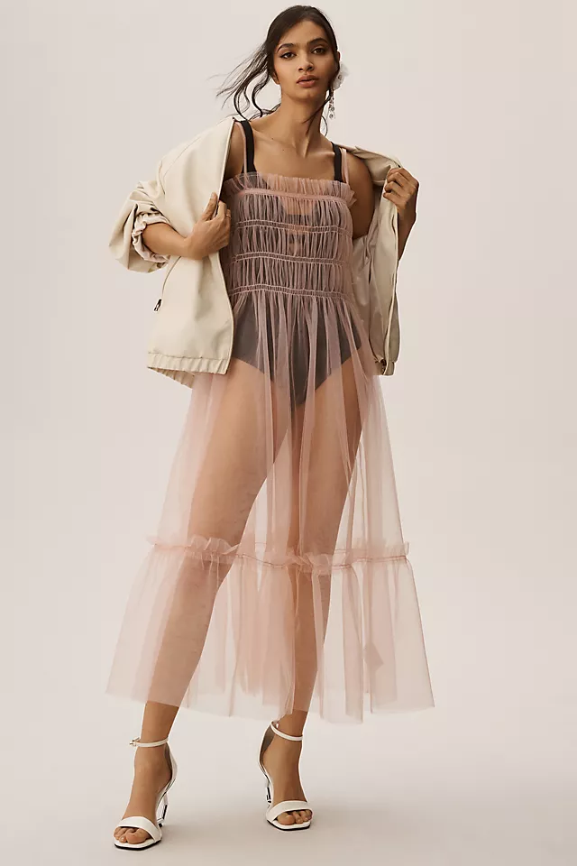 Sheer Smocked Slip Dress MAUVE