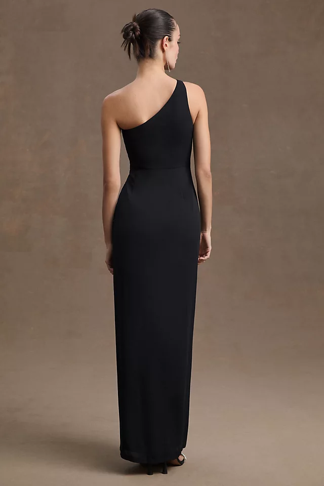 One-Shoulder Side-Slit Georgette Gown BLACK