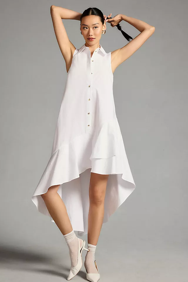 Sleeveless Buttondown Ruffle-Hem Dress WHITE
