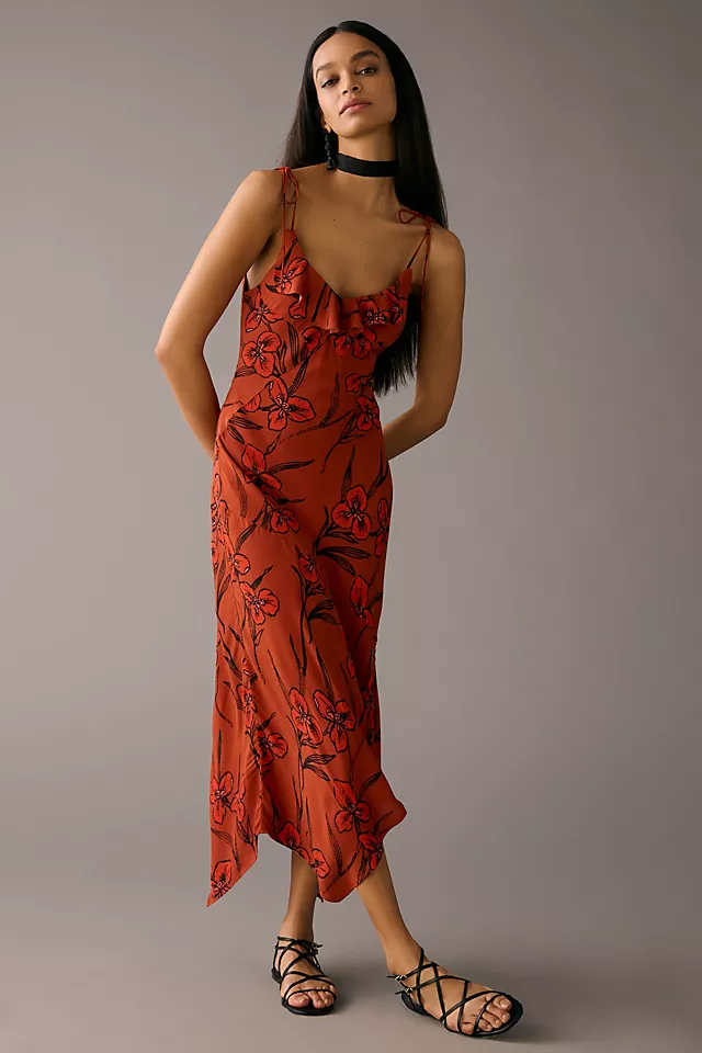 Ruffled V-Neck Slip Dress RED