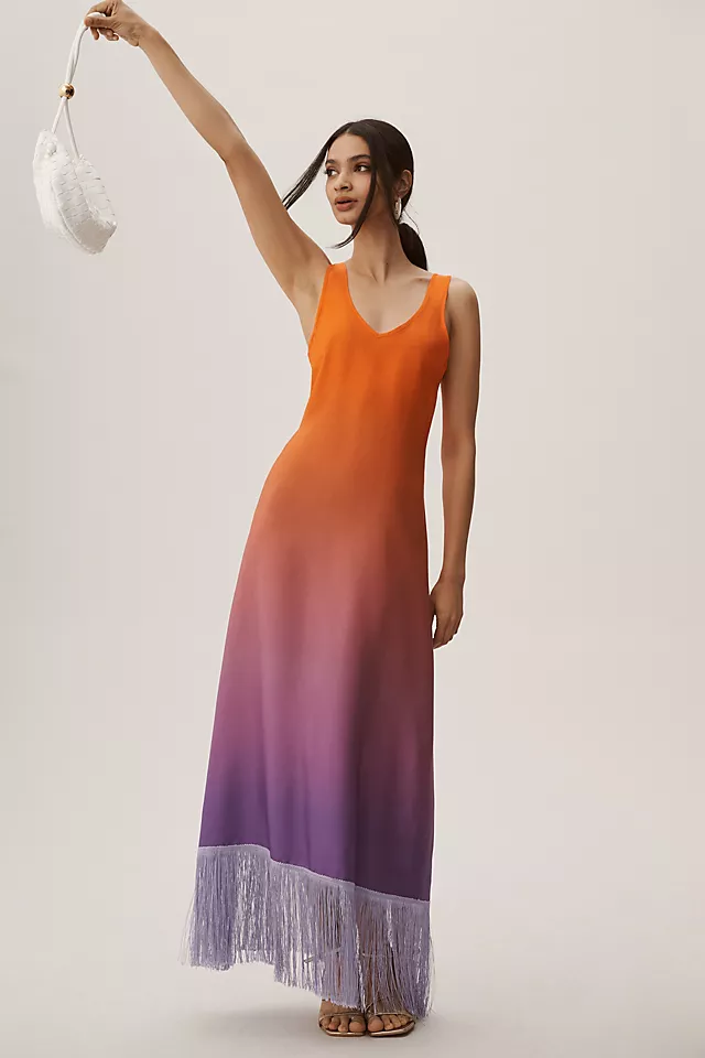 Scoop-Neck Ombre Fringe Dress SUNSET