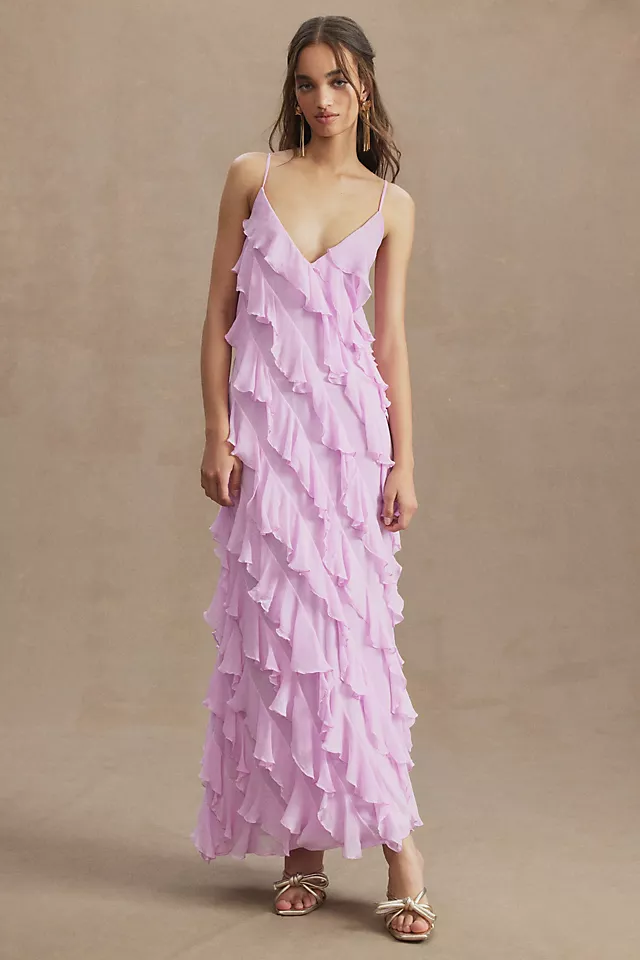 Jia Bias-Cut Ruffled V-Neck Gown LILAC