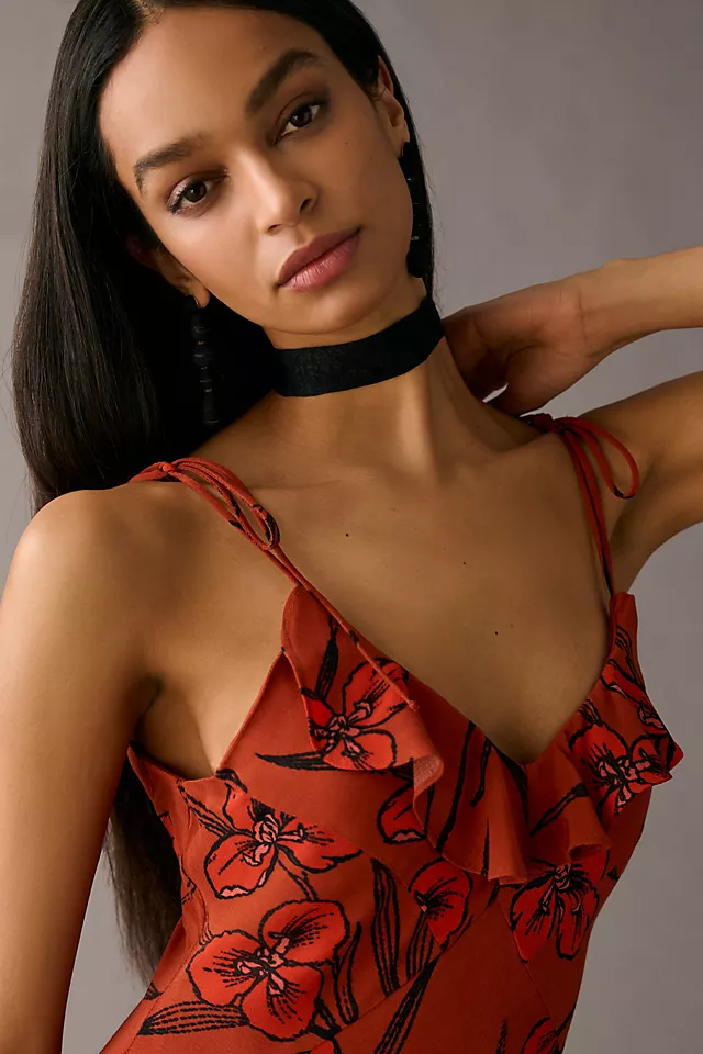 Ruffled V-Neck Slip Dress RED