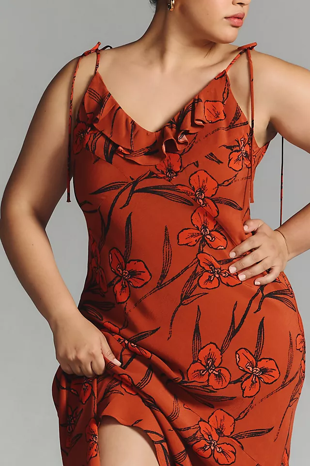 Ruffled V-Neck Slip Dress RED