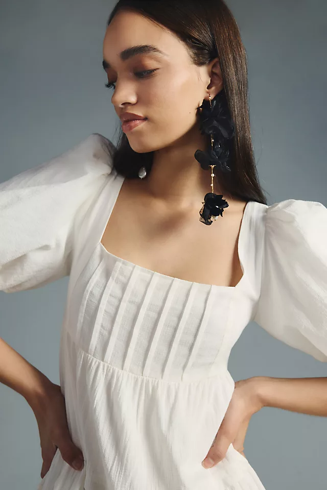 Square-Neck Puff-Sleeve Tiered Dress WHITE