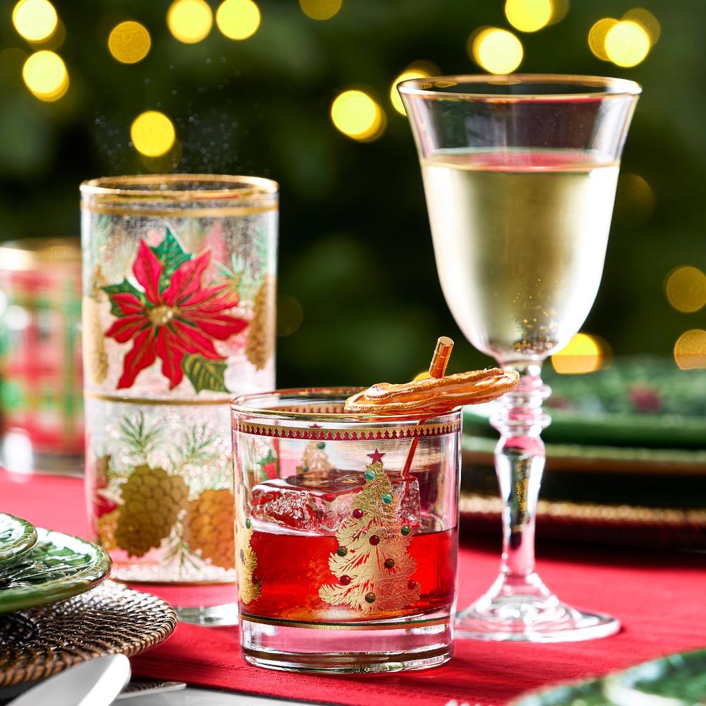 Vintage Holiday Double-Old Fashioned Glasses, Set of 4