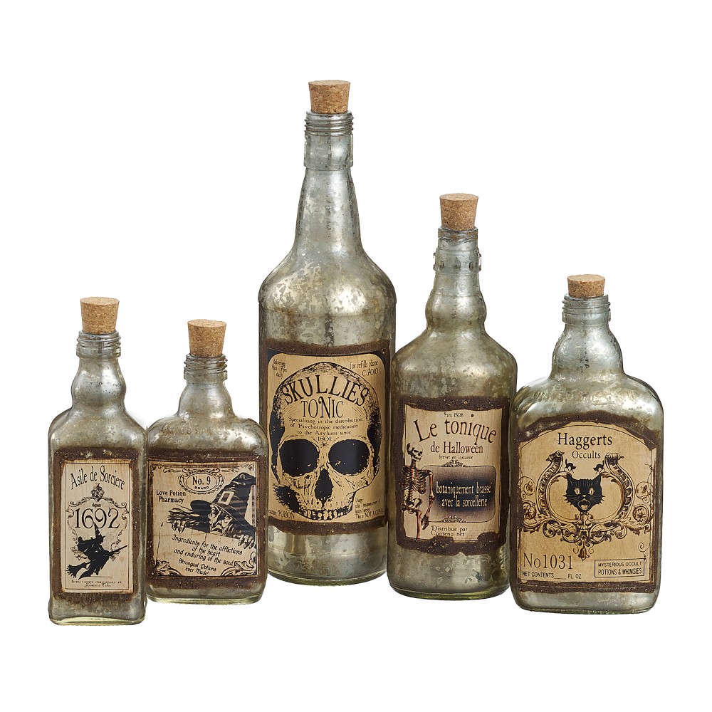 Halloween Decorative Glass Potion Bottles, Set of 5