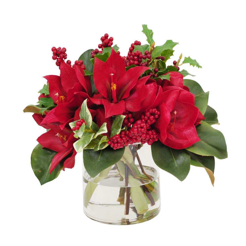 Faux Poinsettia & Holly Berry Floral Arrangement in Glass Vase