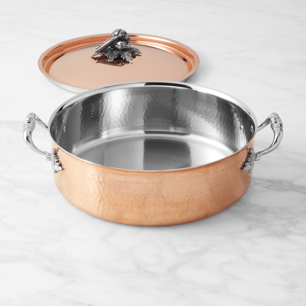 Ruffoni Opus Cupra Hammered Copper Braiser with Tomato, Pepper, and Pea Knob, 7-Qt.
