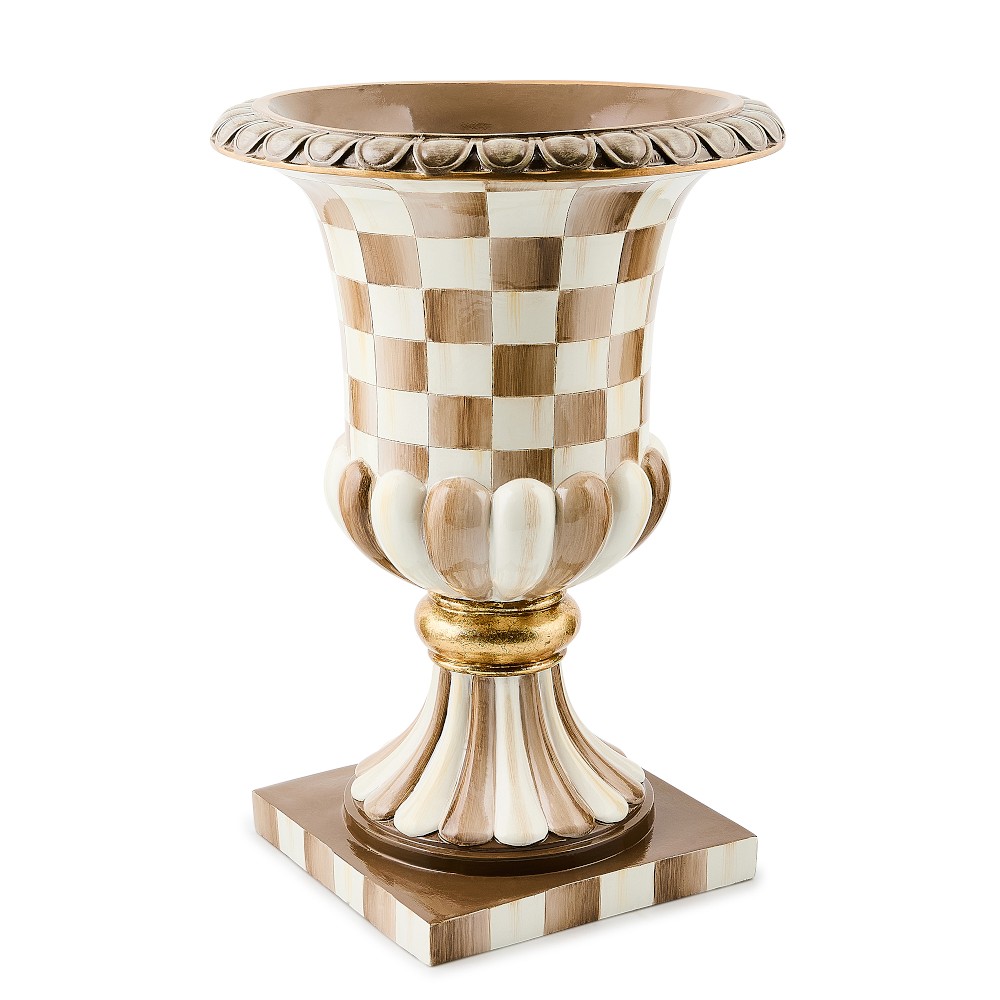 Mackenzie Childs Mocha Check Pedestal Urn