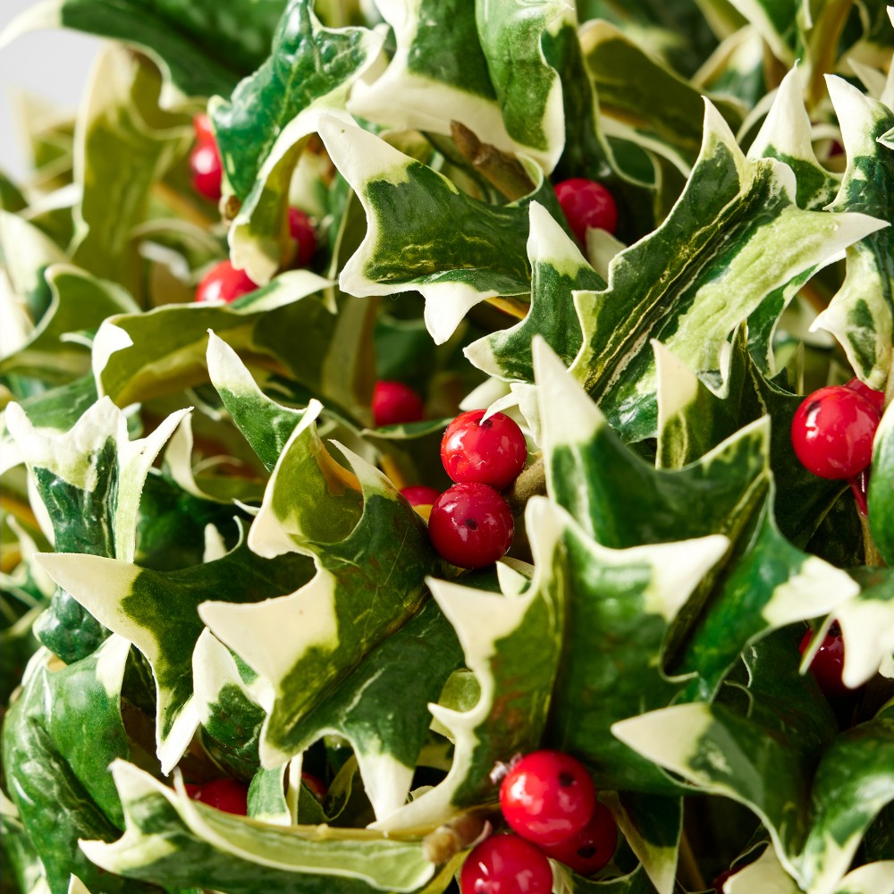 Faux Holly Berry Floral Arrangement in Porcelain Vase