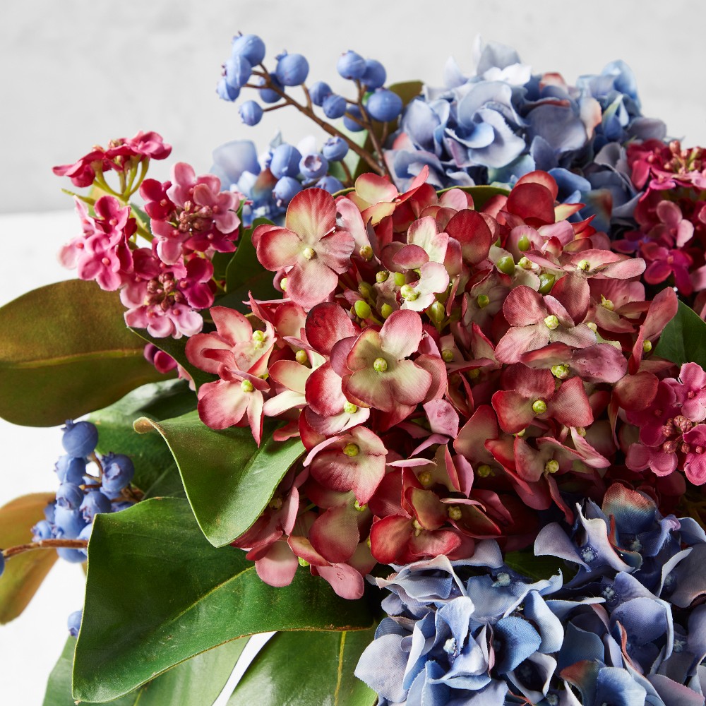 Faux Blue & Purple Hydrangea Arrangement in Glass Vase