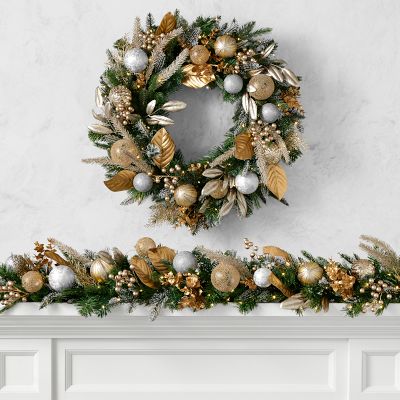 Gilded Champagne Ornament Pre-Lit Faux Wreath & Garland